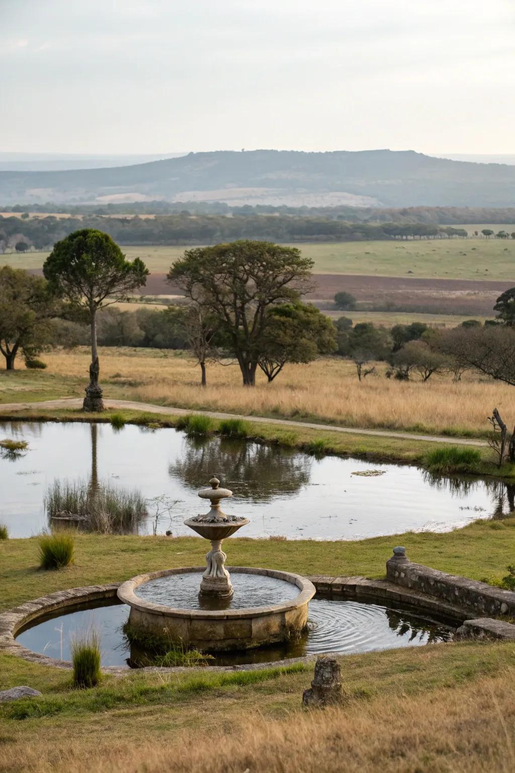Water features add tranquility and charm to flat landscapes.