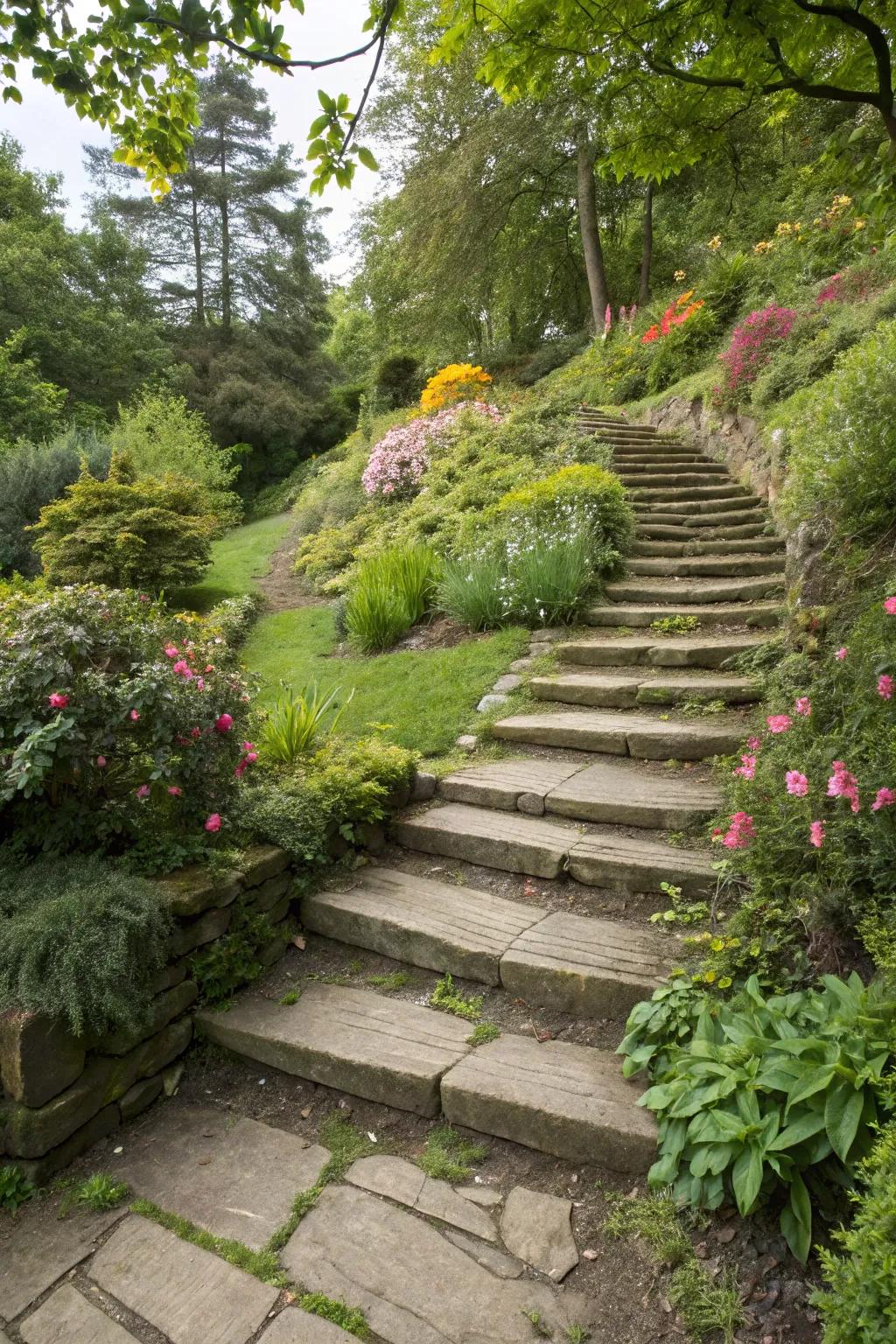 Flat rock steps enhancing a garden's natural slope.