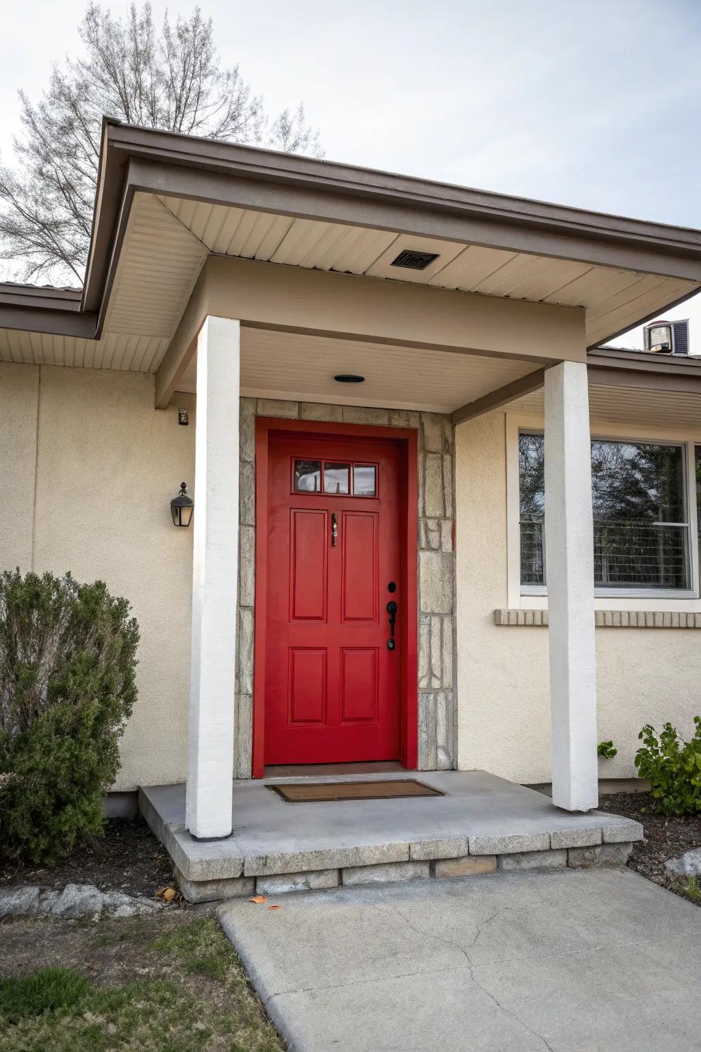A statement front door complements this flat roof portico, adding a pop of color and style.