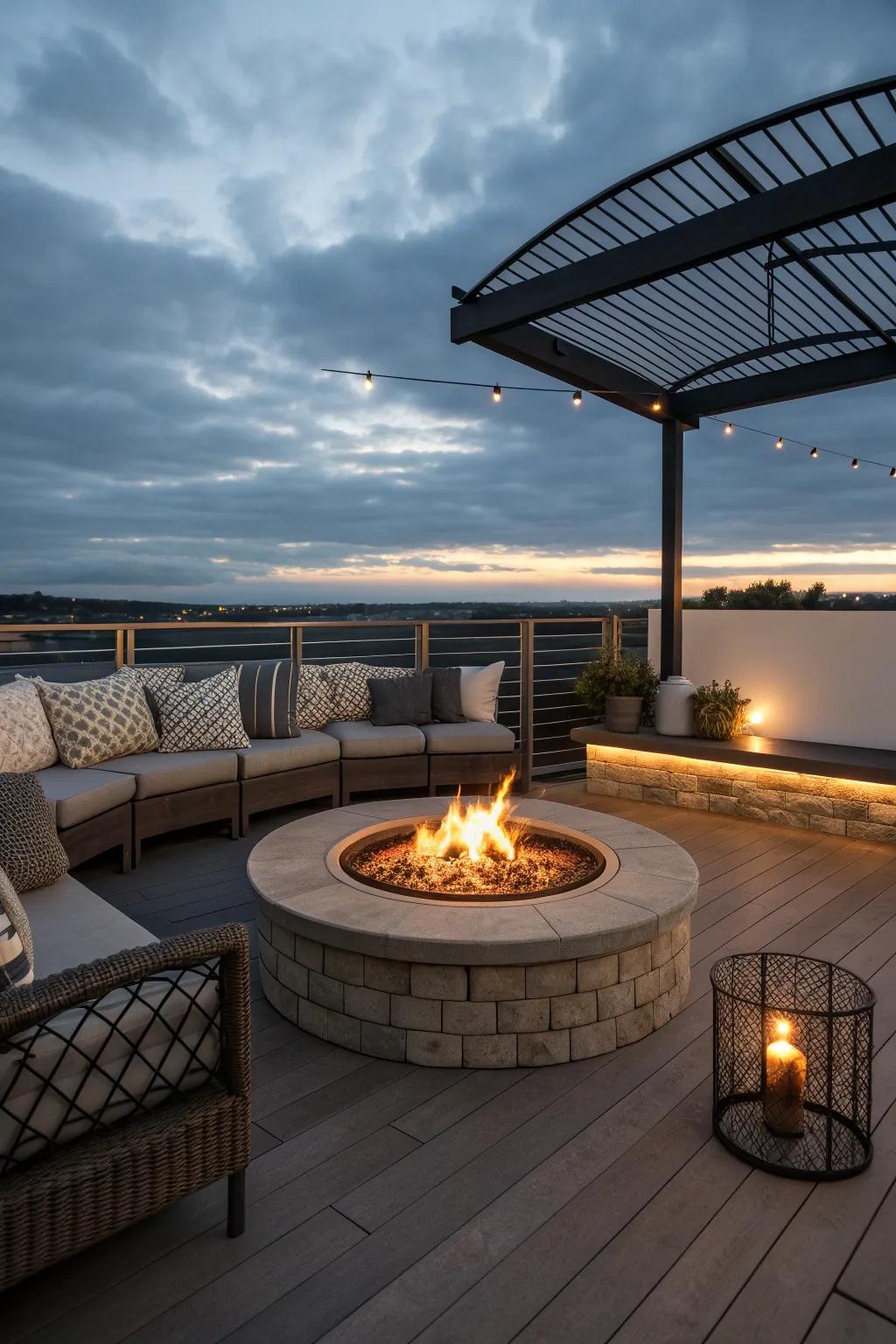 A fire pit adds warmth and focus to this inviting floating patio.