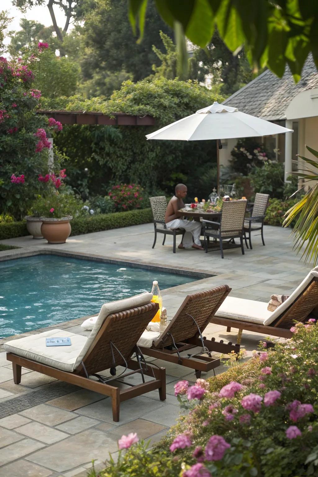 A poolside patio featuring comfortable lounge chairs and a dining set.