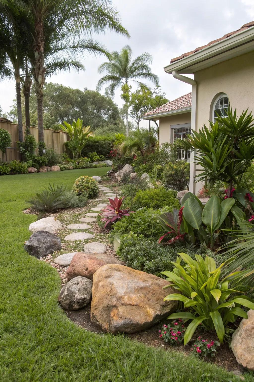 Decorative rocks add texture and interest to a Florida garden.