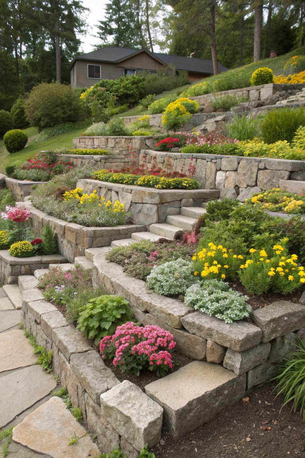 Raised beds adding depth to the rock garden.