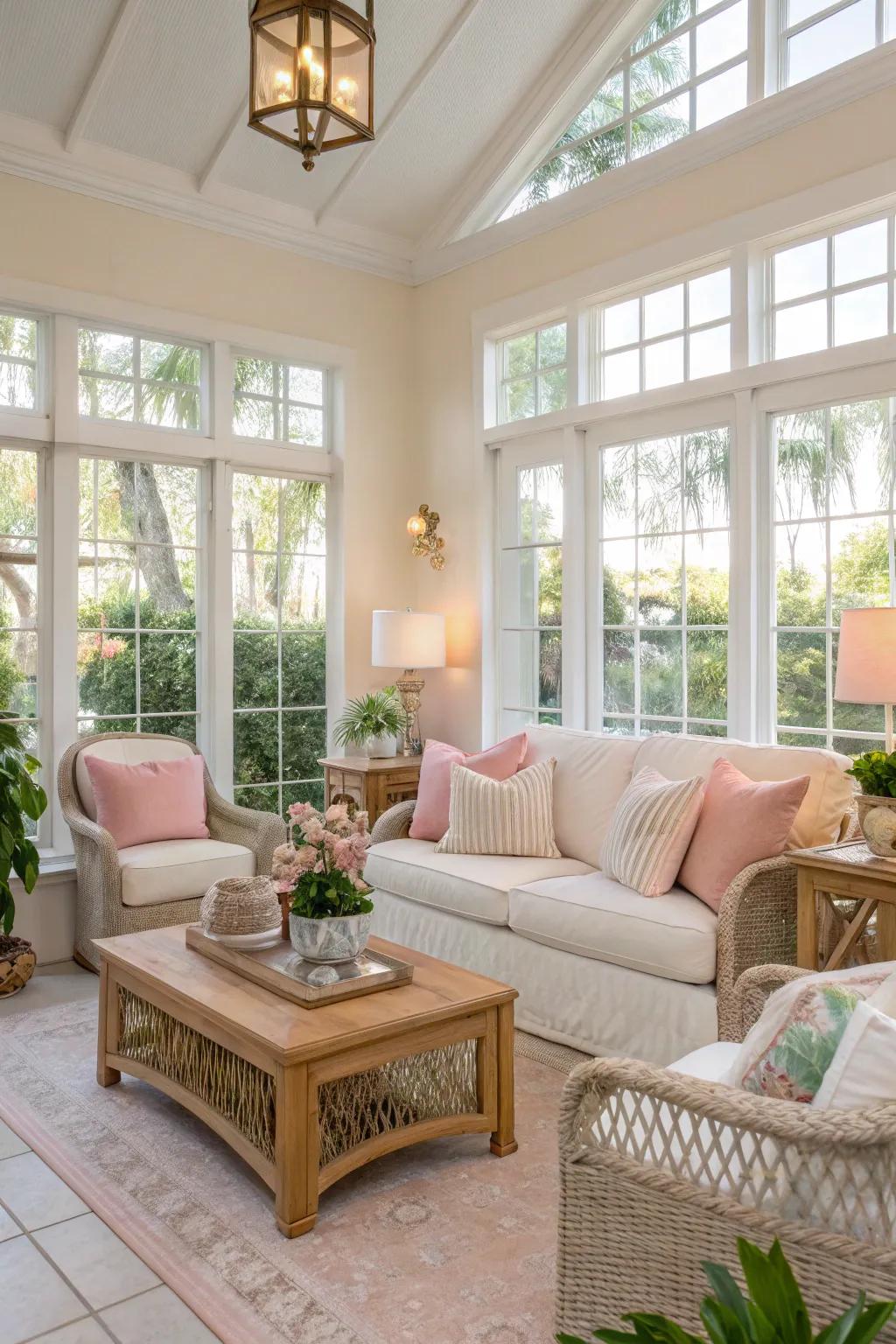 A soothing sunroom with a calming color palette.