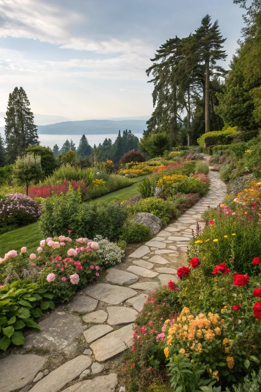 Stone pathways that weave through a lush garden landscape.