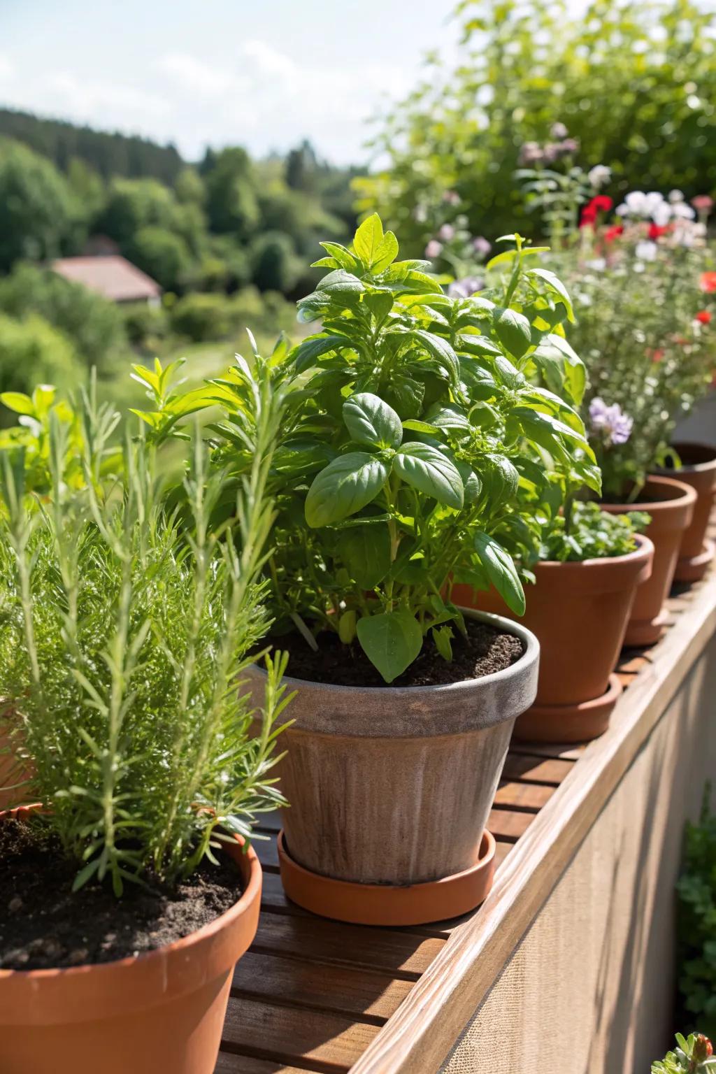 Enjoy fresh herbs with an edible garden in pots.
