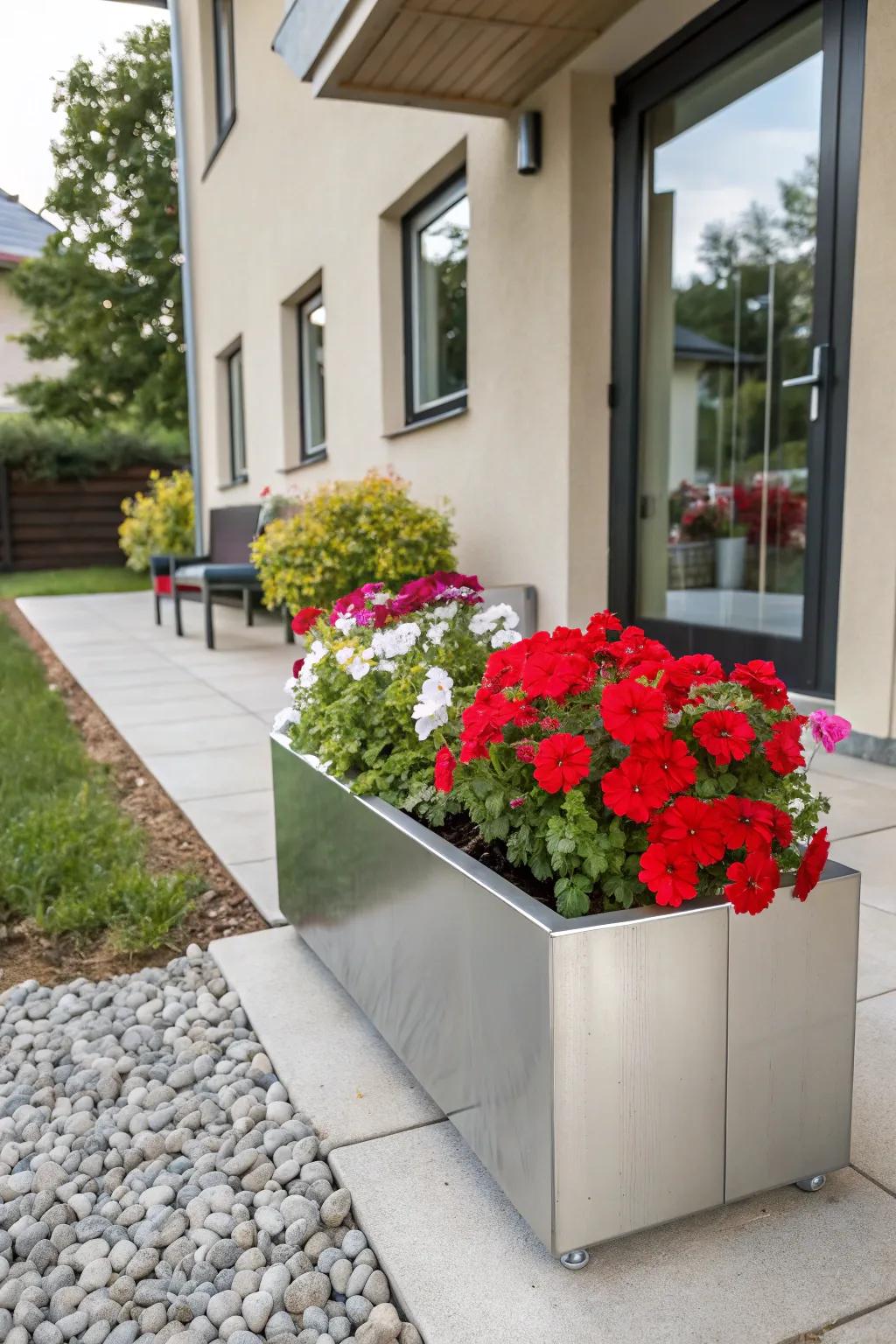 Metal flower boxes offer a sleek, modern contrast to vibrant blooms.