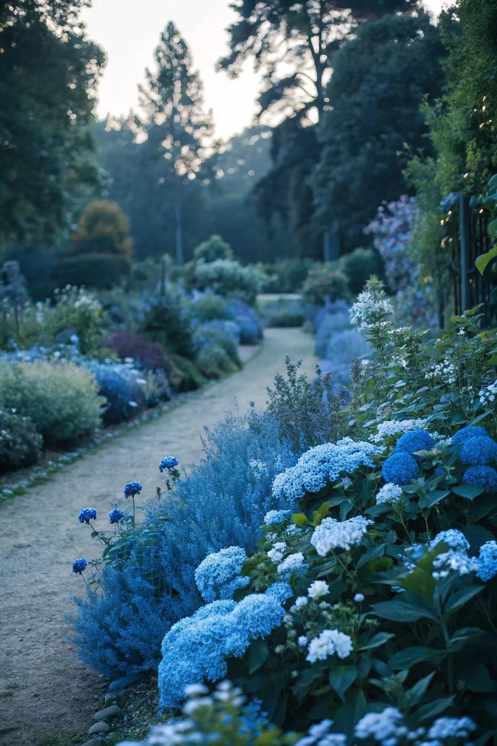 A monochromatic garden featuring shades of blue