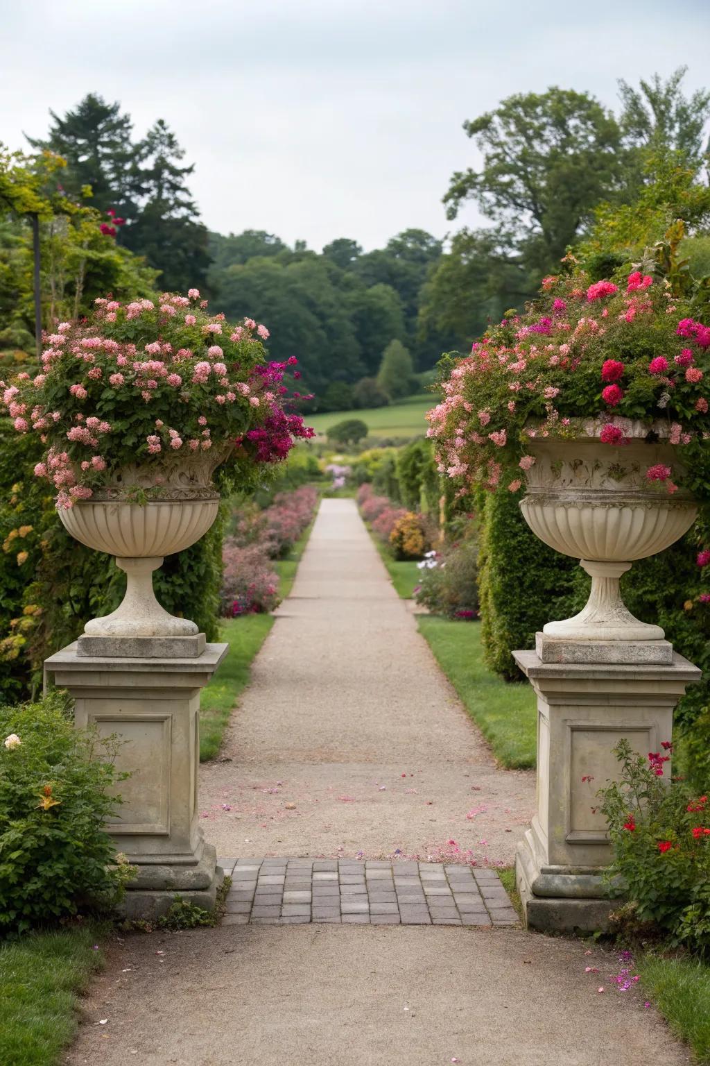 Ceramic urns bring timeless elegance to garden paths.