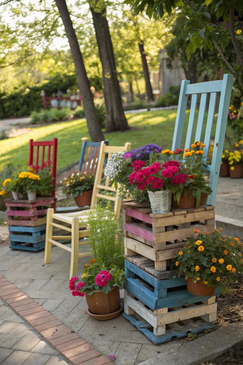 Recycled items creatively repurposed as flower holders.