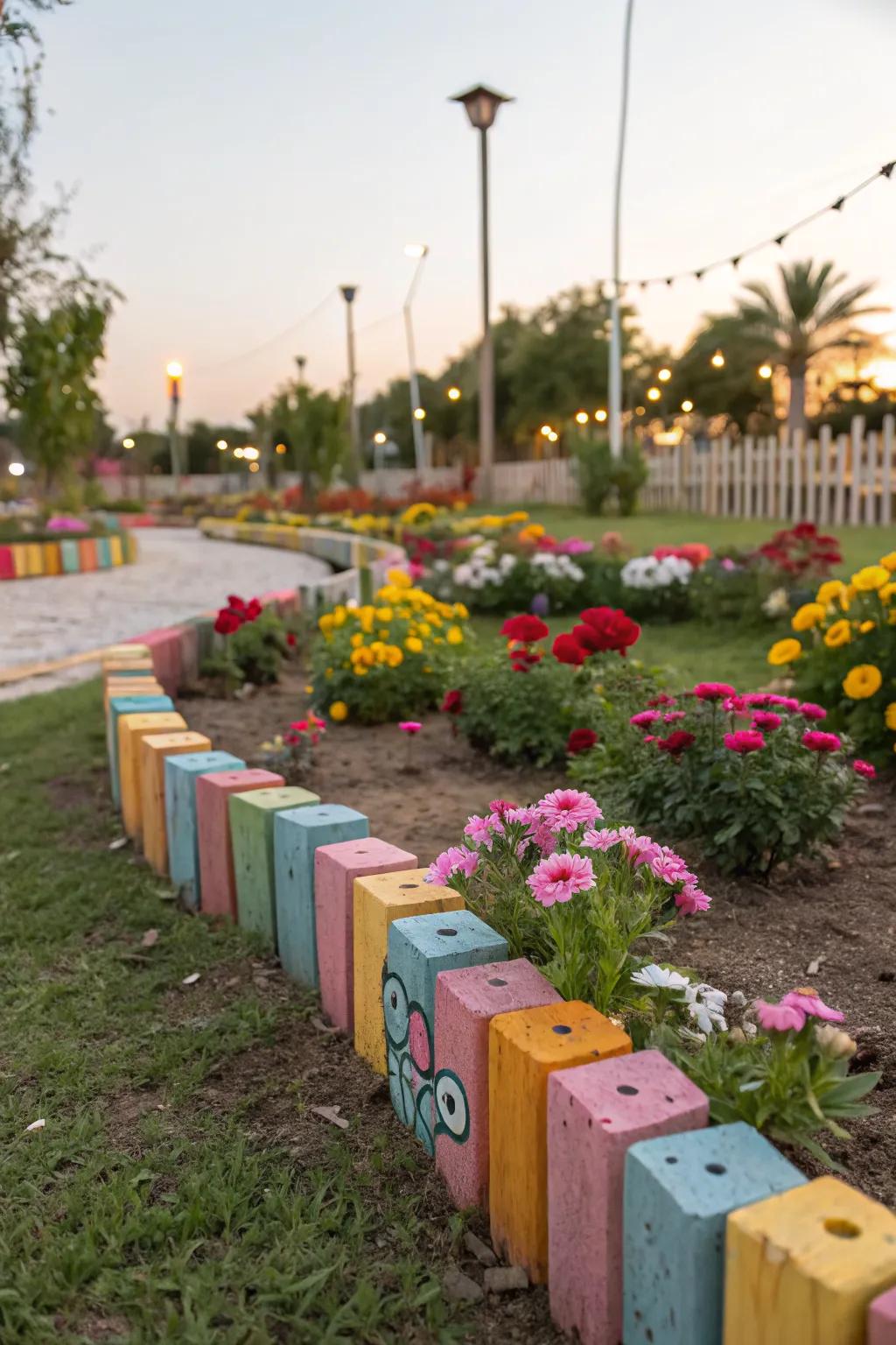 Painted wooden blocks offer a colorful and playful garden edge.