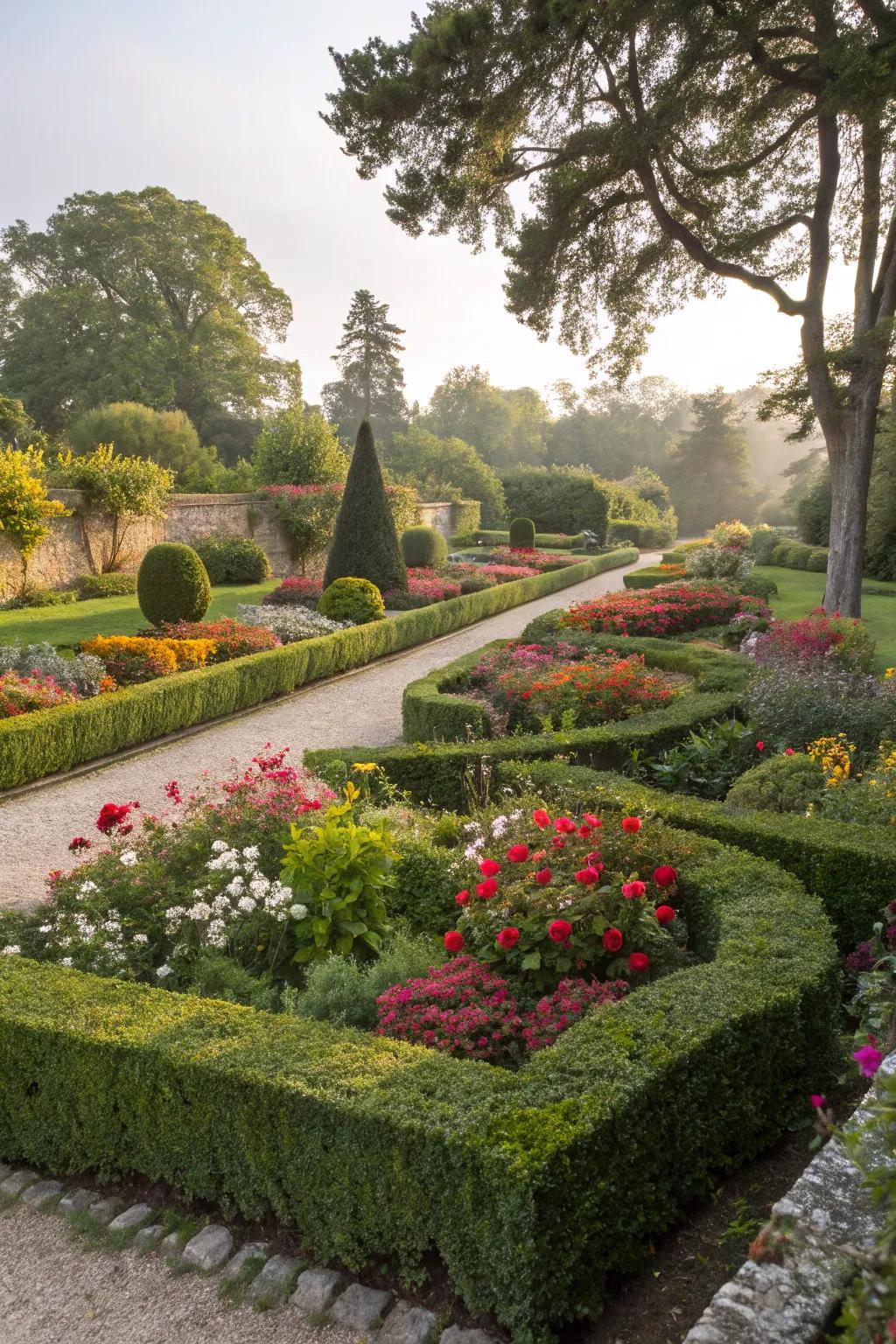 Creative borders with low hedges framing flower beds.