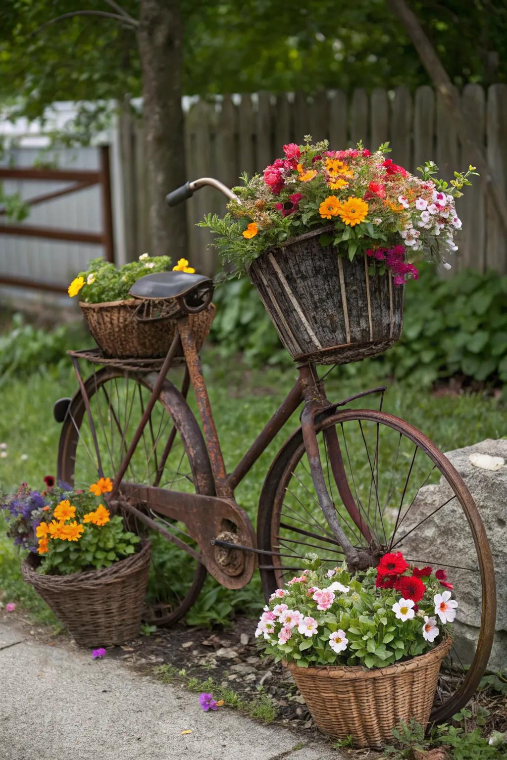 A whimsical flower stand made from a repurposed bicycle.
