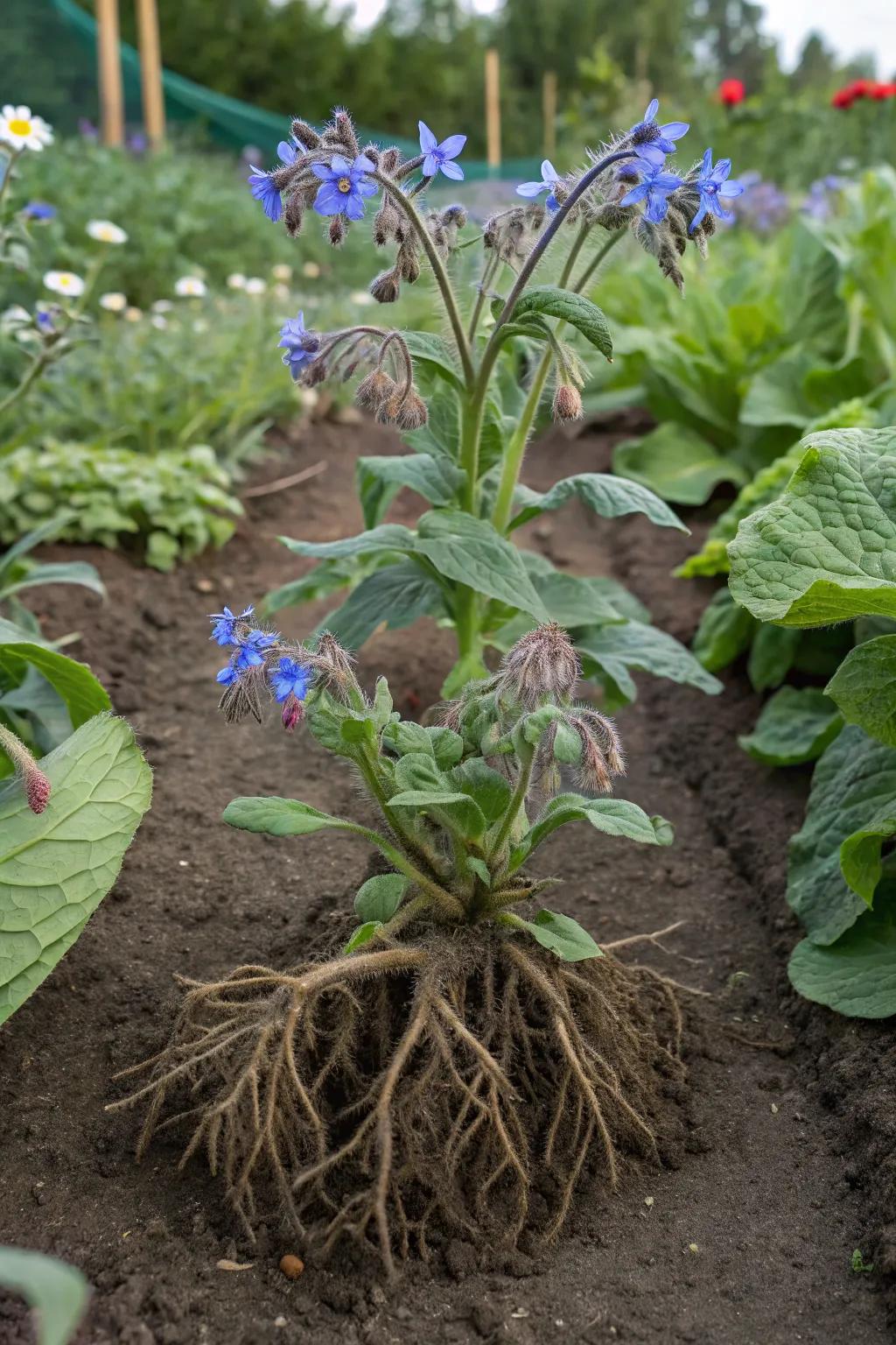 Borage enhancing soil health and attracting pollinators.