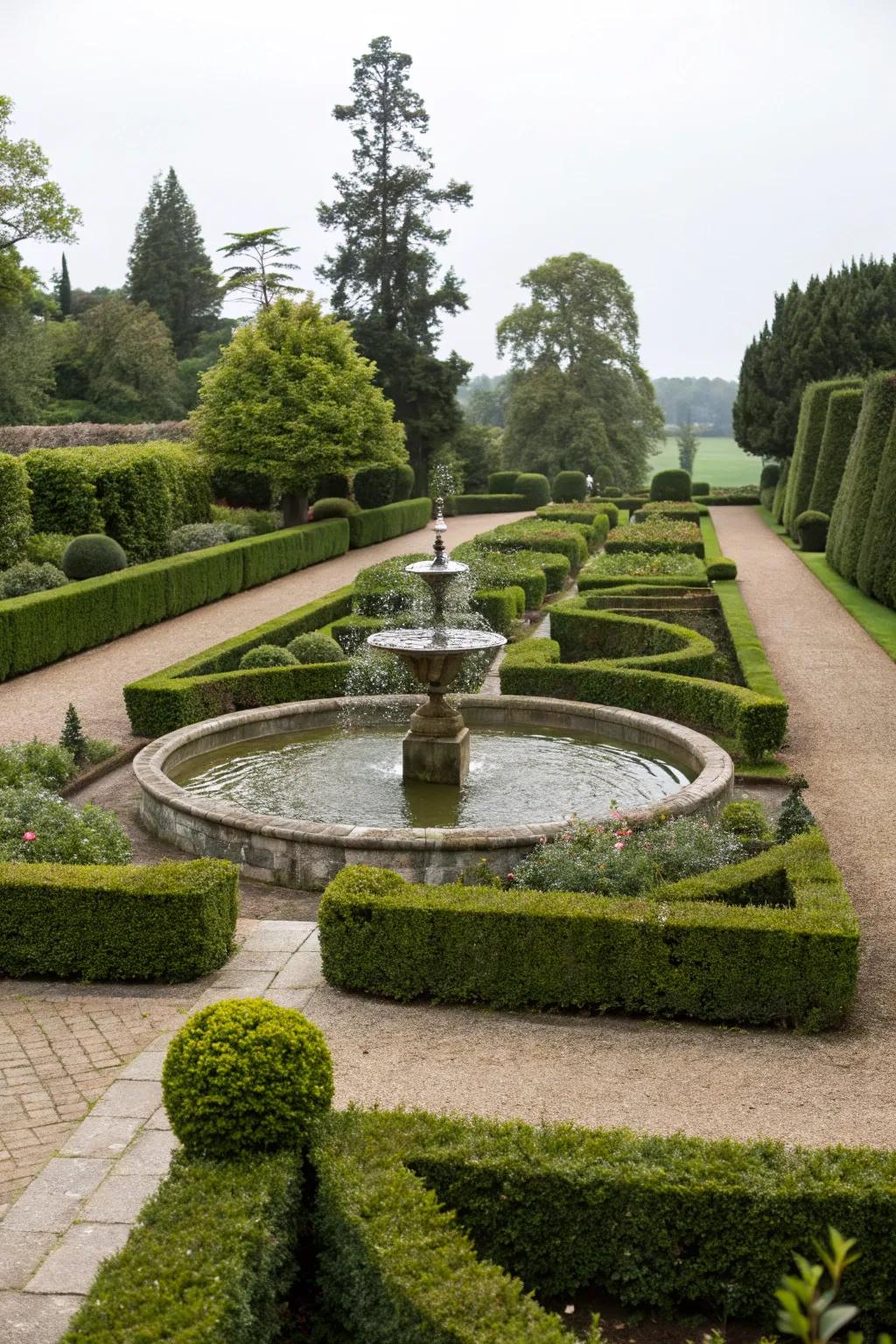 A formal garden with a central fountain and symmetrical pathways.