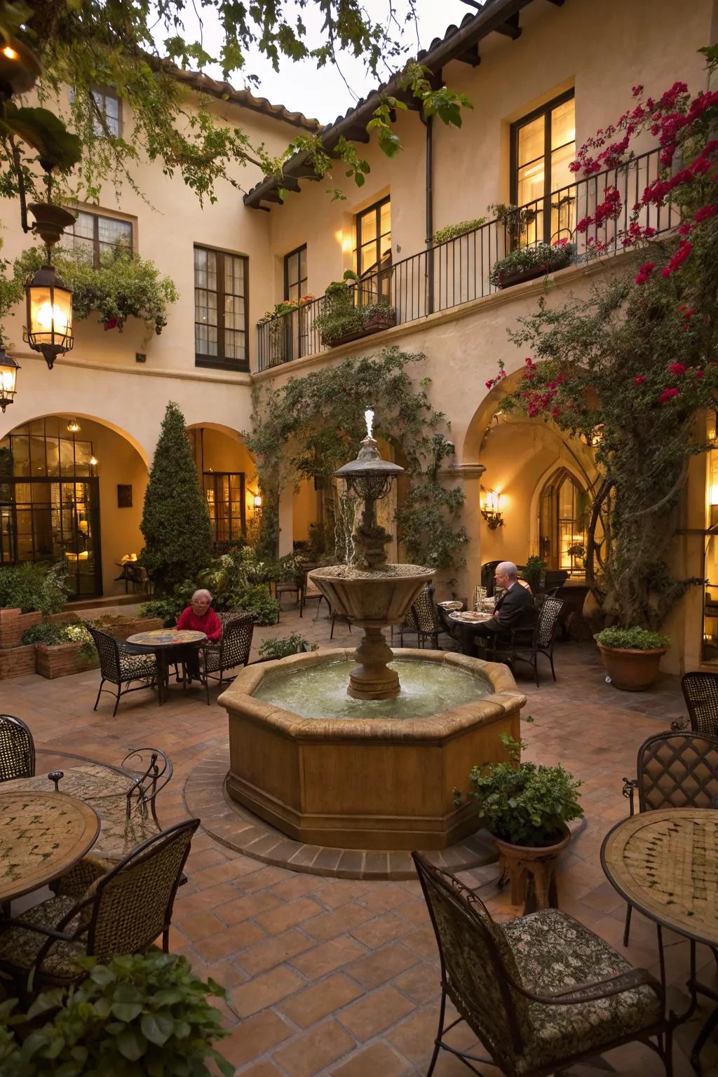 Cozy courtyard with a central fountain.