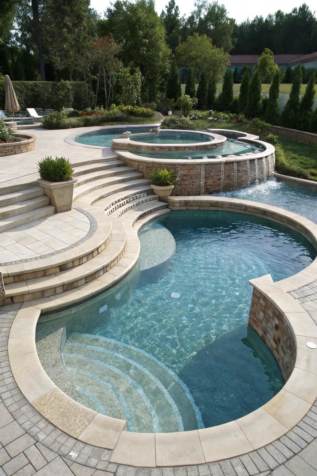 A multi-level freeform pool offering varied areas for relaxation and play.