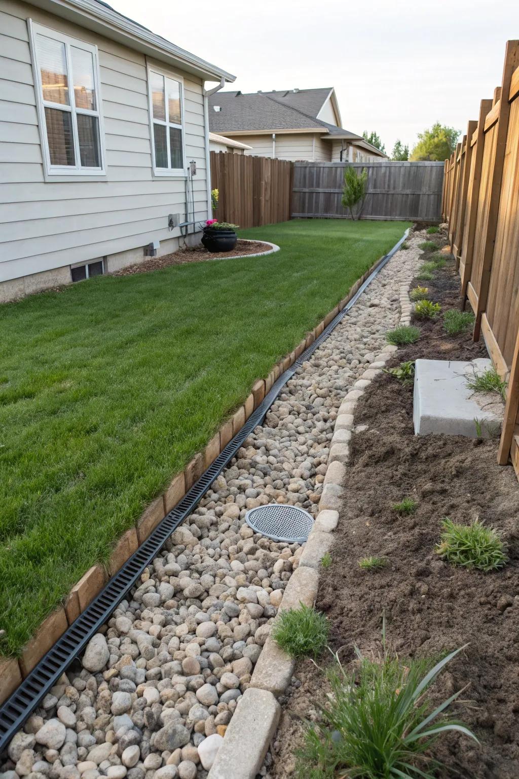 A successful DIY French drain project in a backyard.