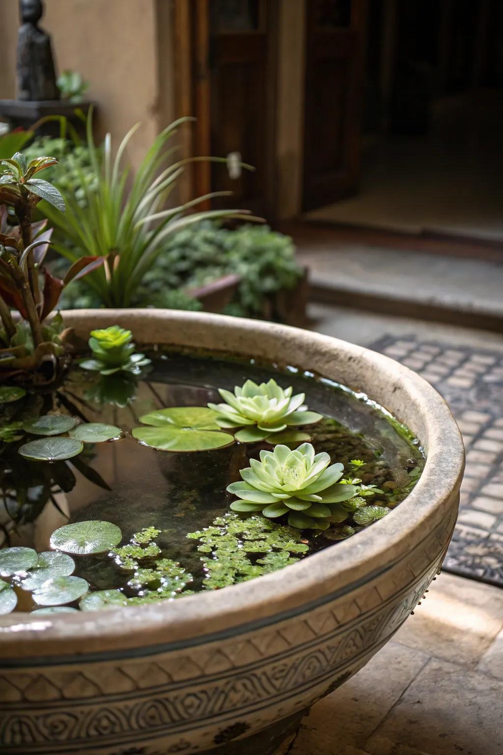 A miniature pond brings nature indoors.