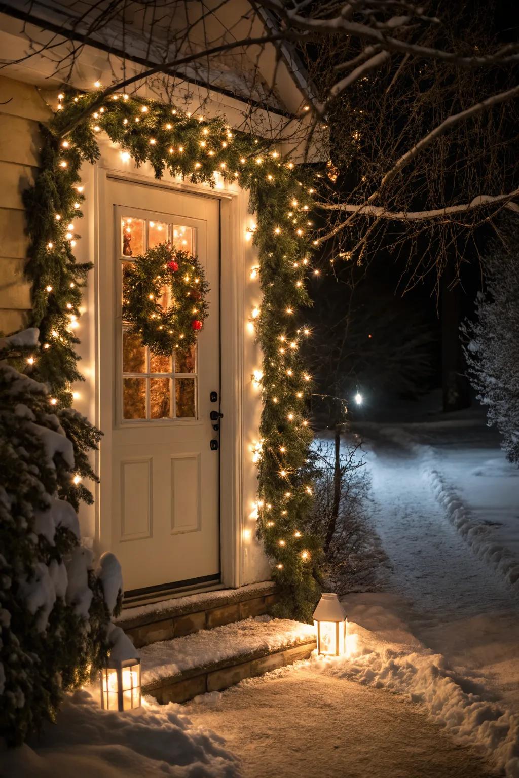 A garland with twinkling lights creating a warm, inviting holiday glow.