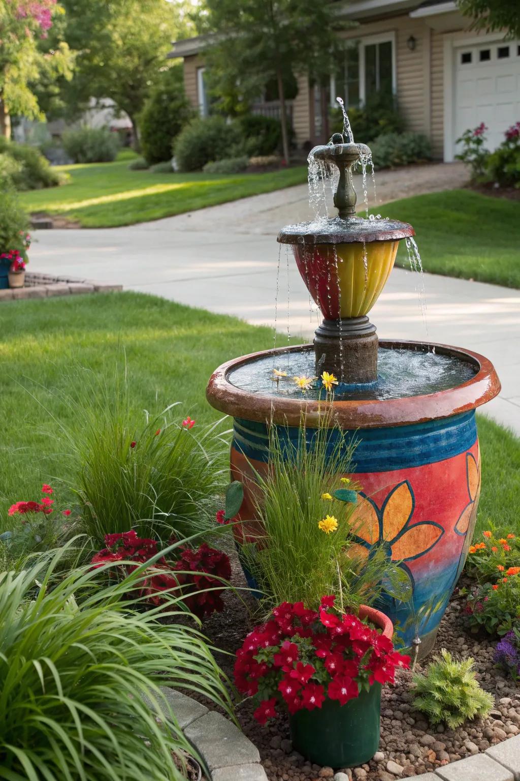 Bold pot fountains make a vibrant statement at your front door.