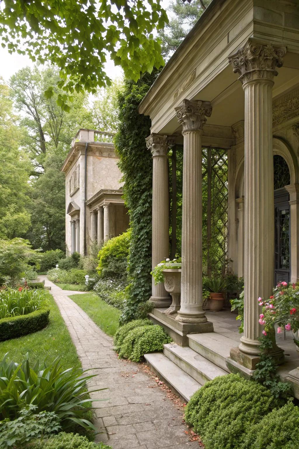 Architectural accents blend harmoniously with garden plants.