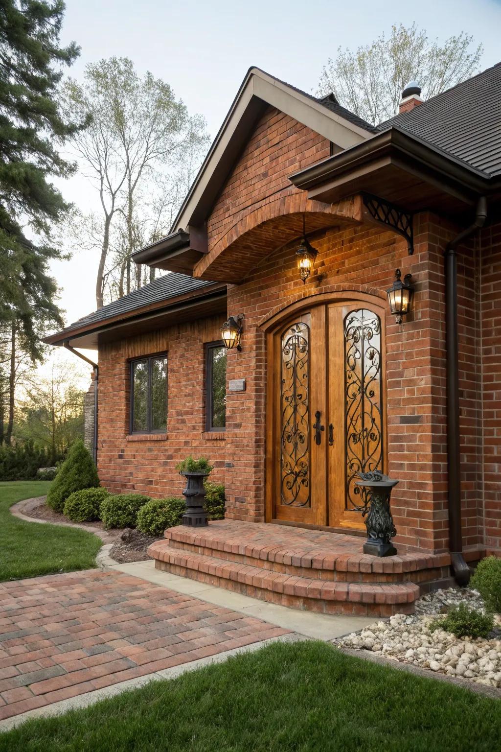 Iron details on a wooden door offer a rustic and charming look.
