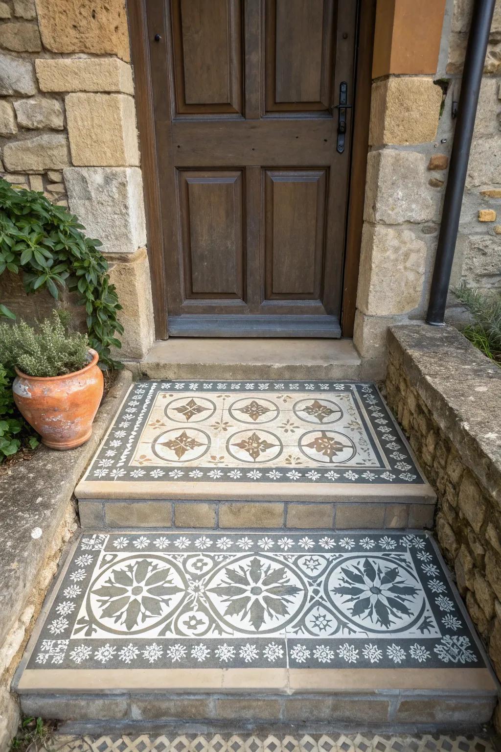 A front door landing featuring textured surfaces with patterned tiles and stonework.