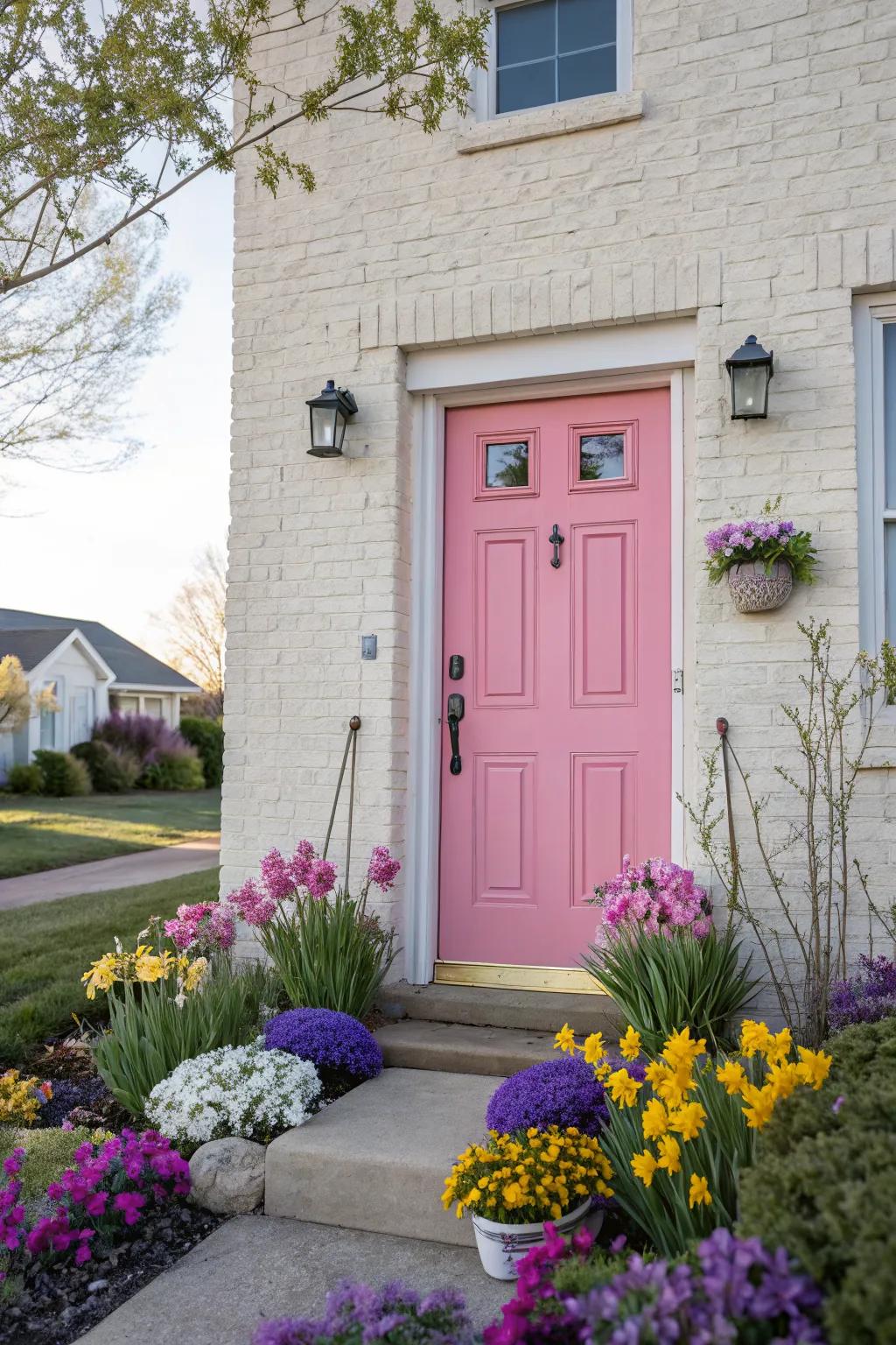 Playful pink front door adding charm to a neutral facade.