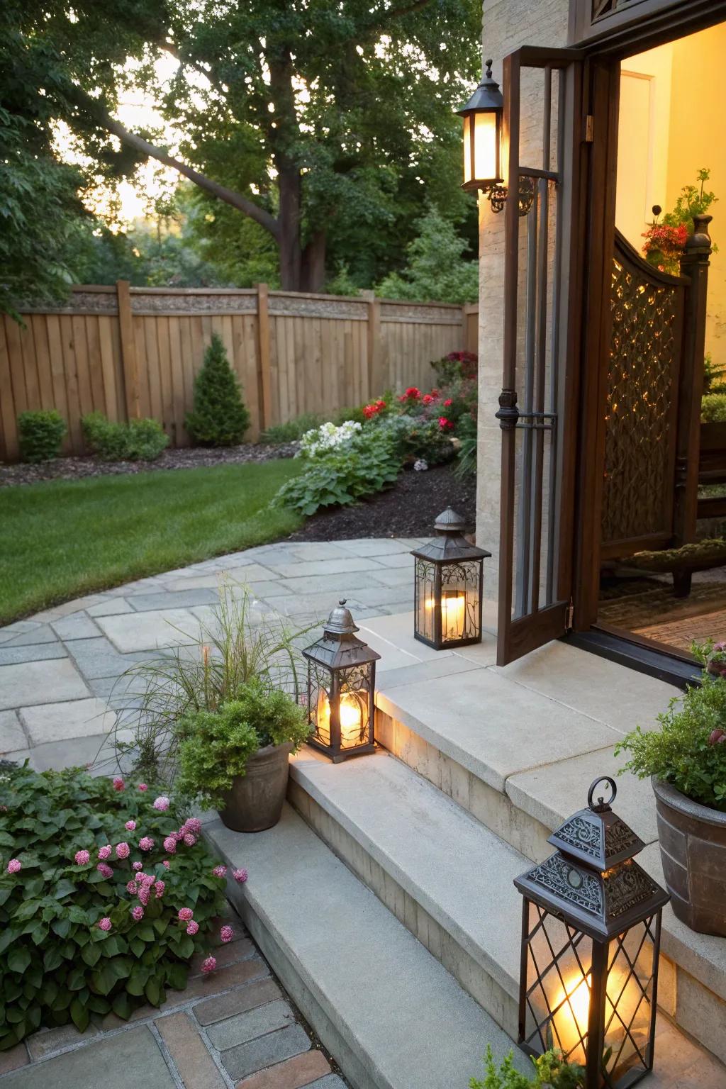 Decorative lanterns bring a whimsical touch to the patio.