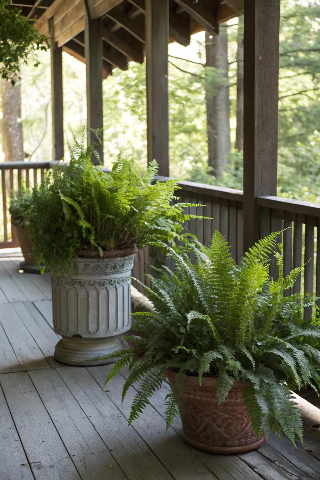 Ferns bring a lush, vibrant feel to shaded entrances.