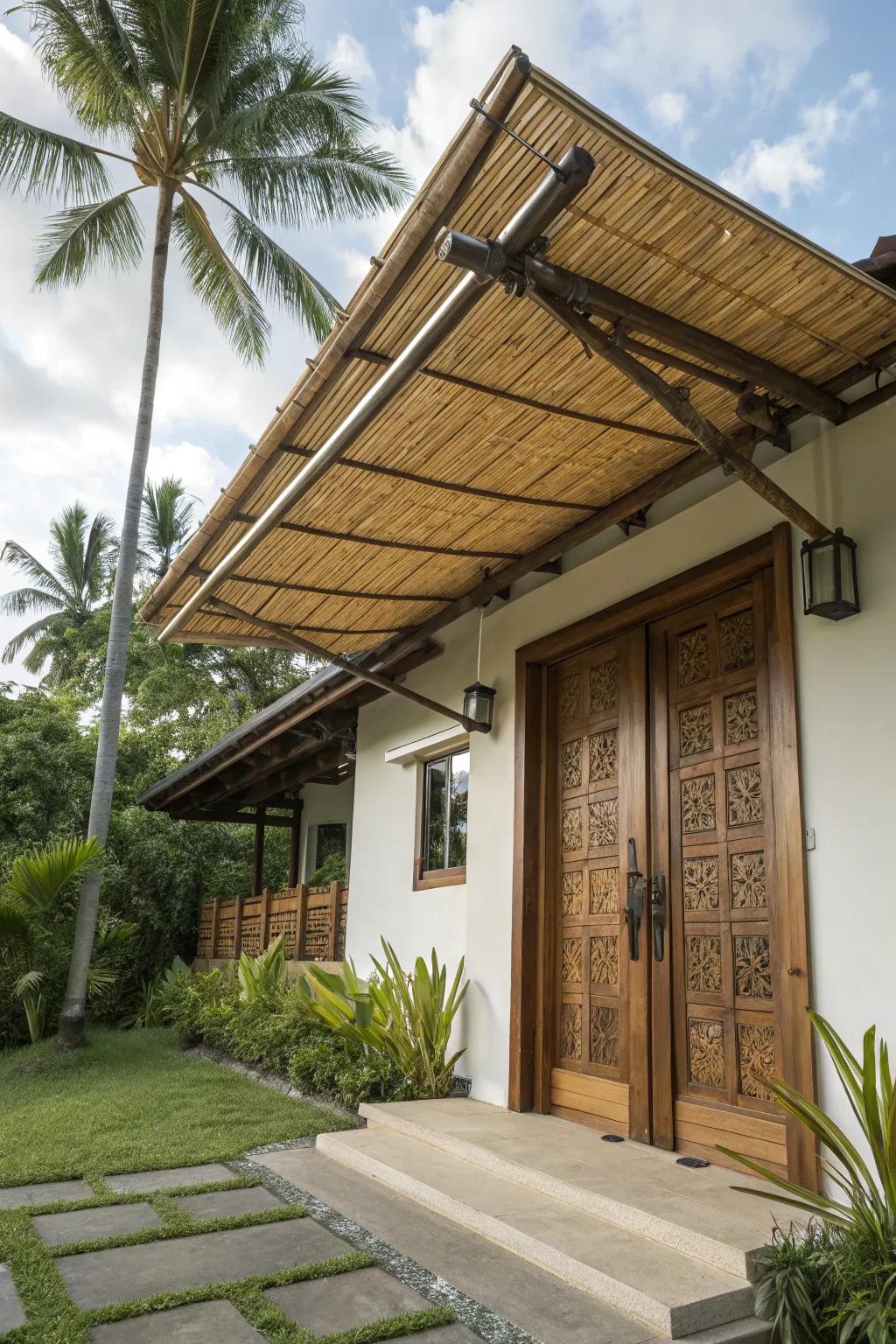 A bamboo awning adds tropical warmth to this entryway.