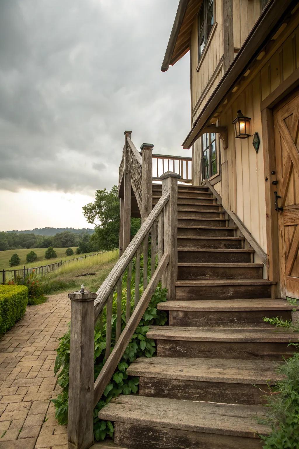 Rustic wooden stairs with charming railings evoke the inviting warmth of a farmhouse.