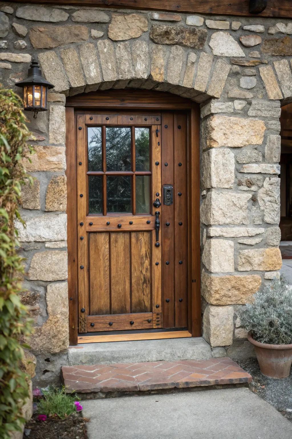 A front door surrounded by a blend of wood and stone materials.