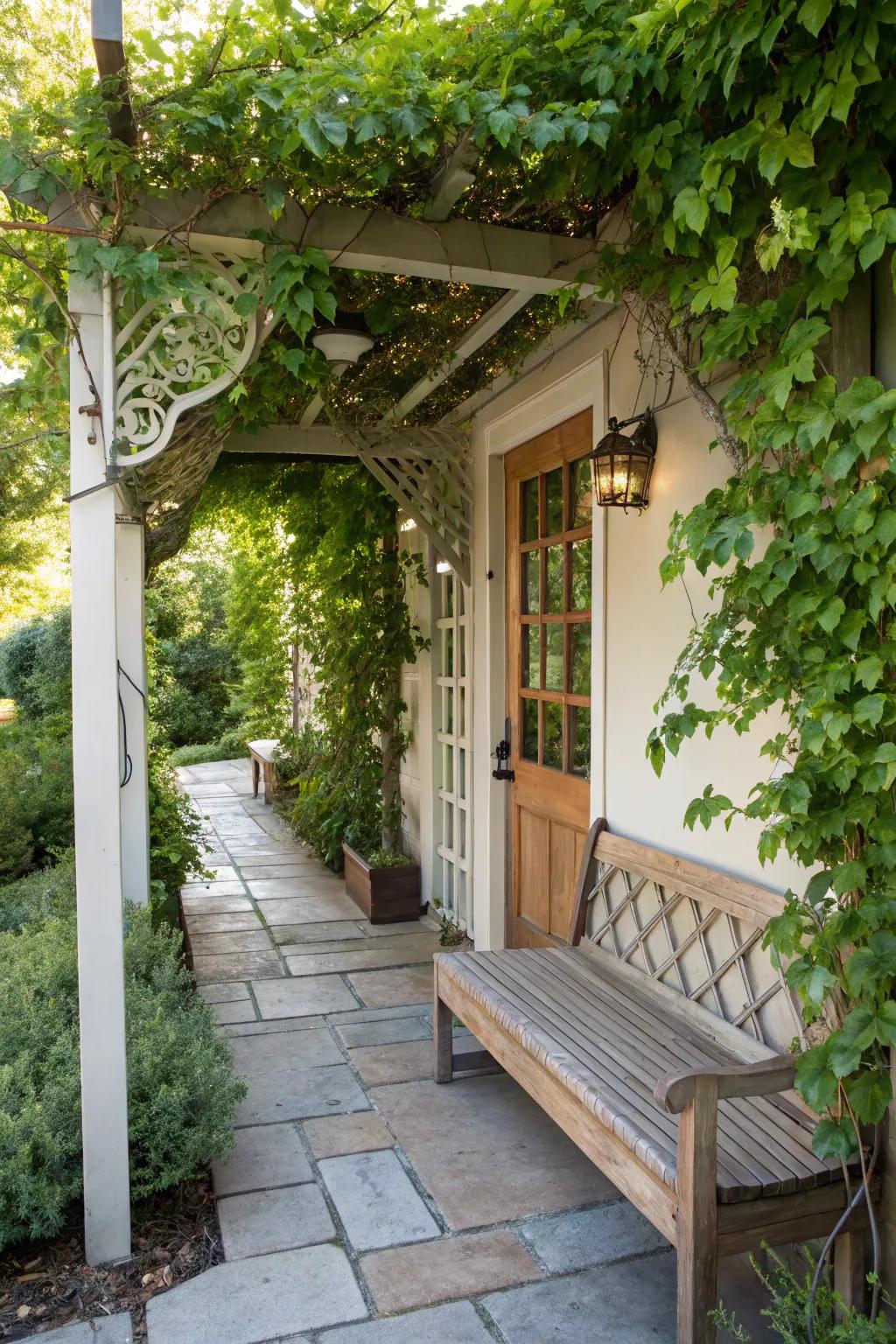 Trellis with built-in seating for a cozy entrance nook.