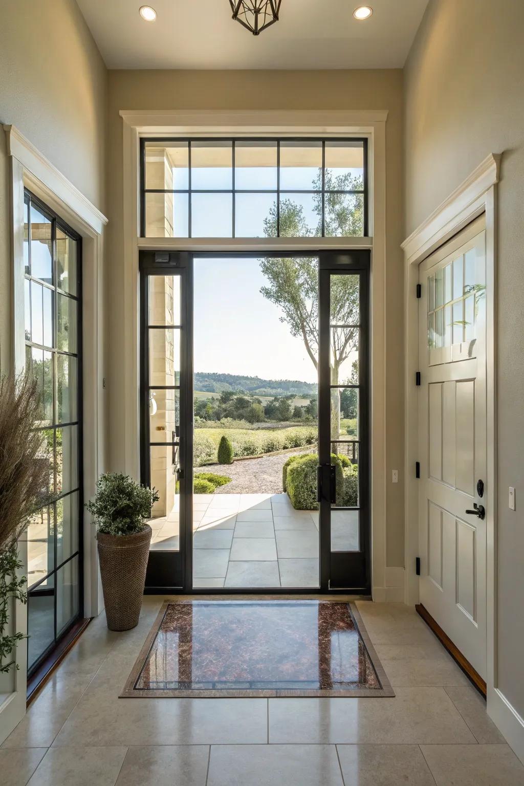 Large glass panels flood the entryway with beautiful natural light.