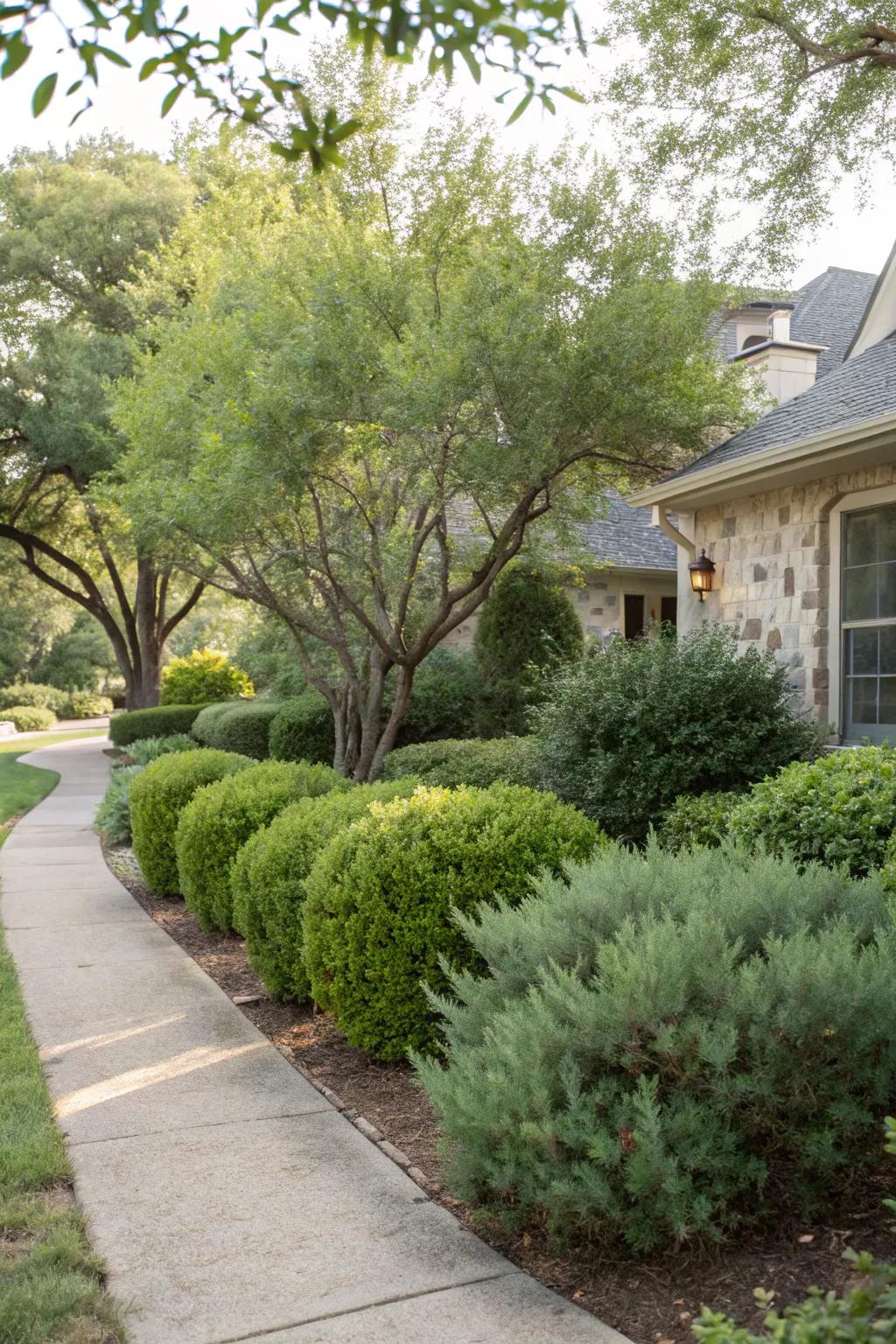Texas Sage shrubs offering a lush, green backdrop throughout the seasons.