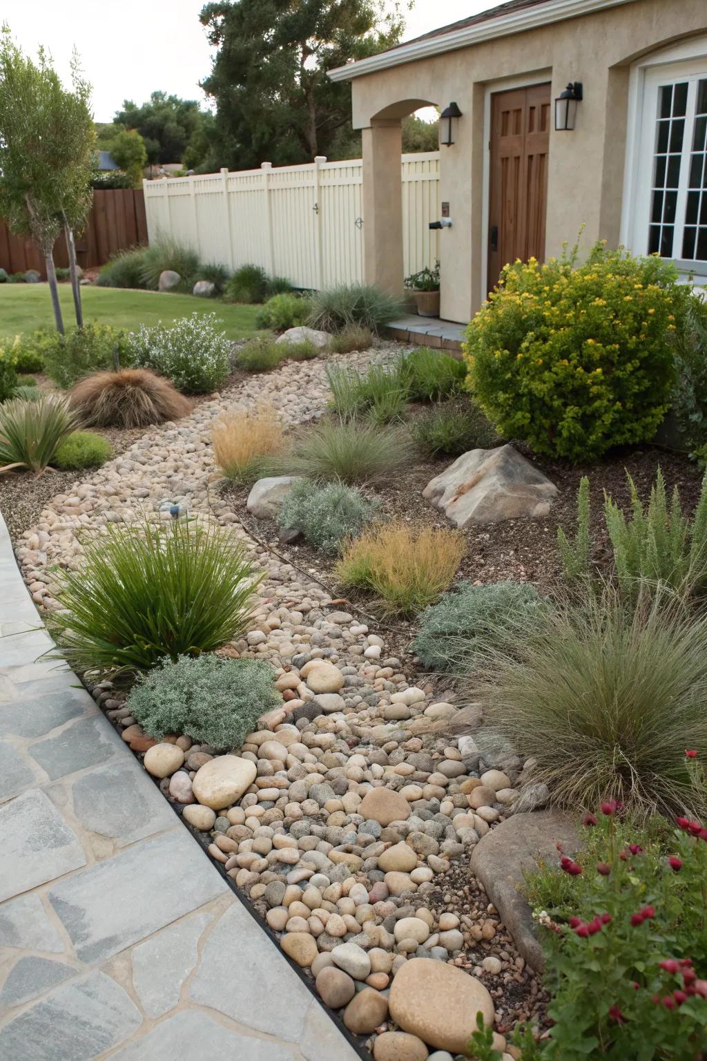 A low-maintenance garden with gravel and stone.