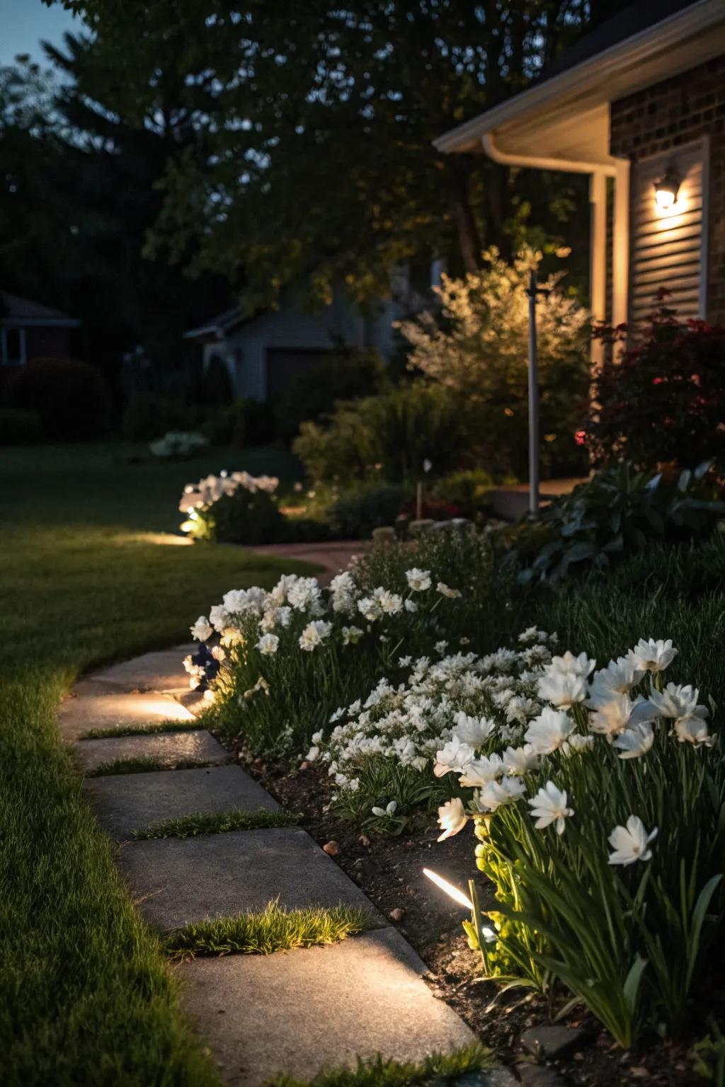 Create a magical atmosphere with a moonlit flower bed.
