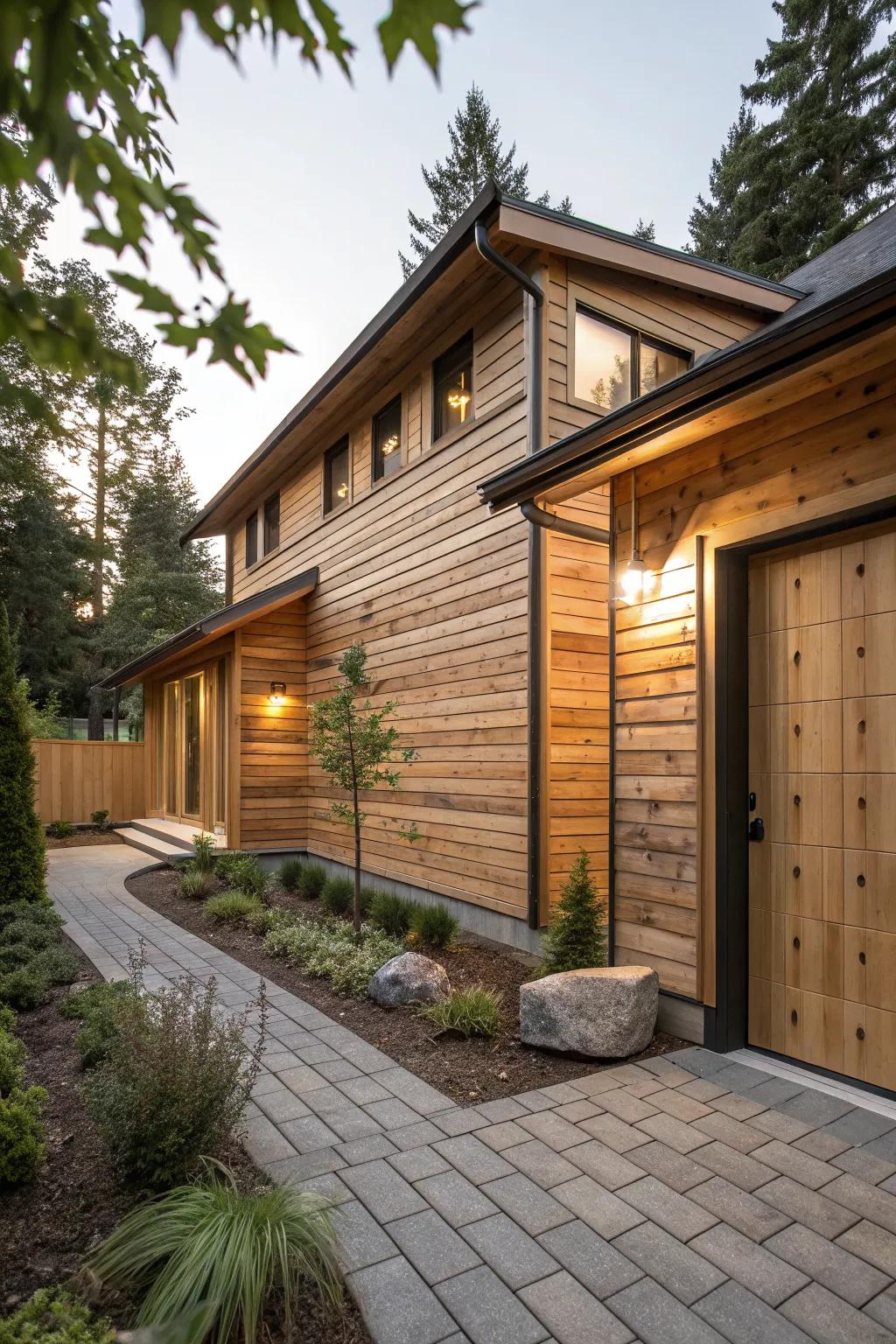 A house exterior featuring warm natural wood cladding.