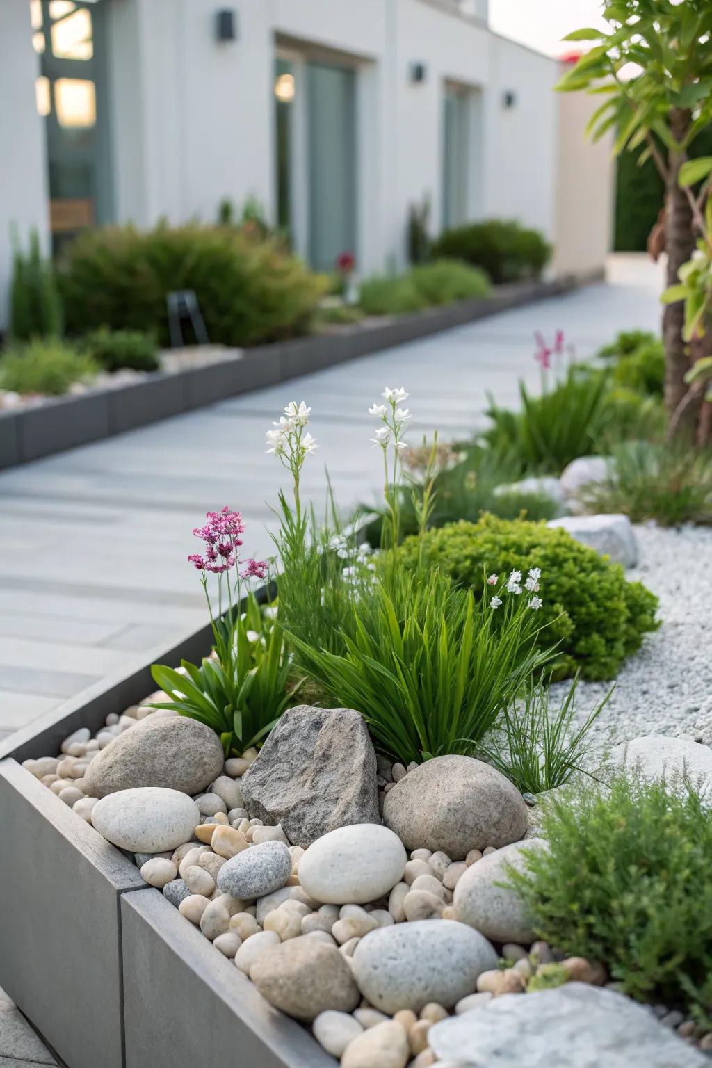 A minimalist design with rocks accentuating modern greenery.