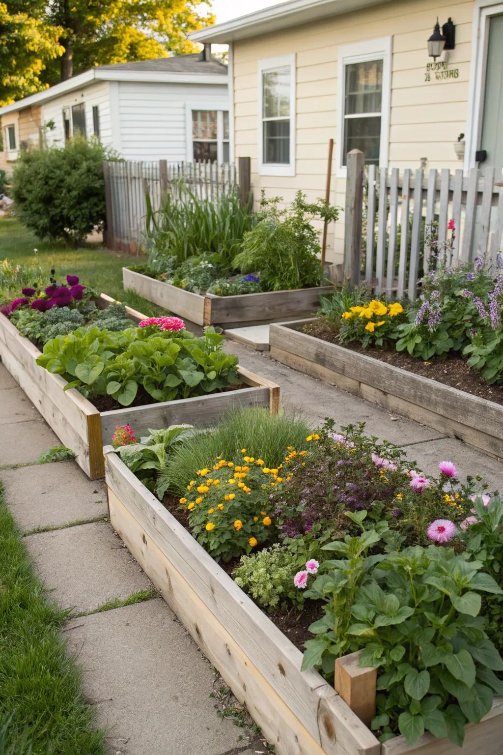 Stylish raised garden beds enhancing the front yard.