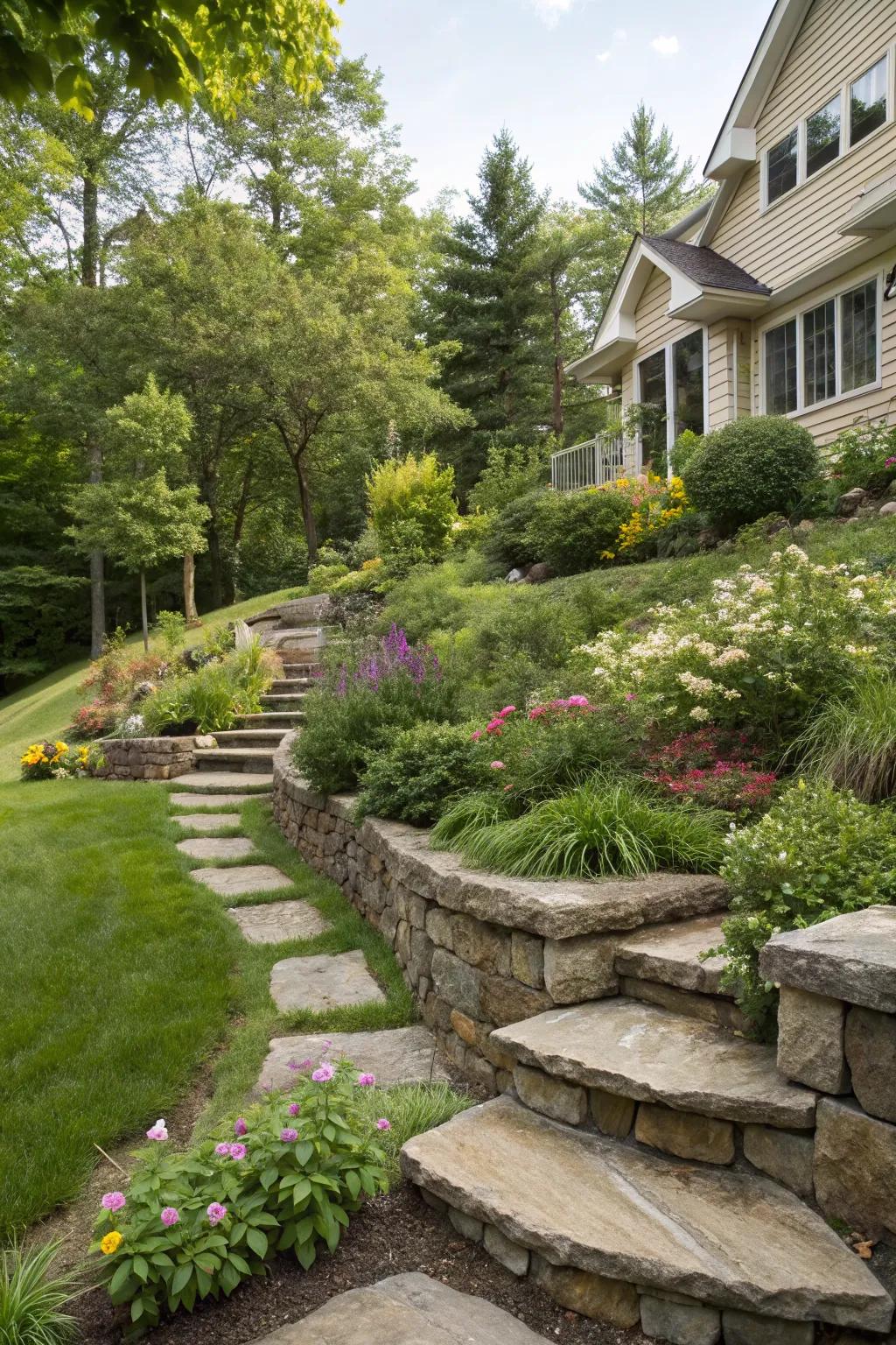 Steps integrated into the wall create a natural flow.
