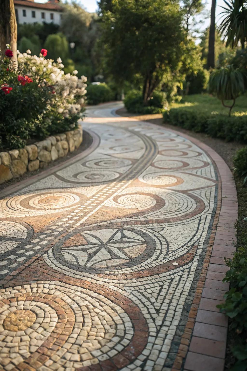 Patterned paver pathway showcasing unique designs.