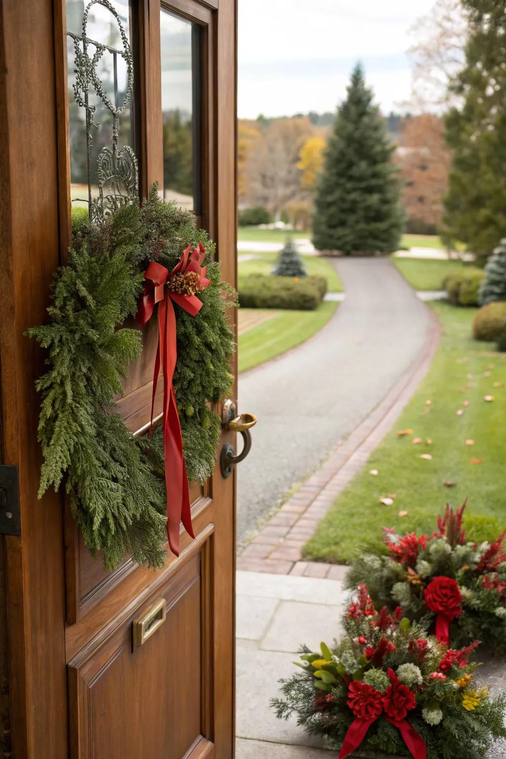 A seasonal wreath adds charm and welcomes guests warmly.