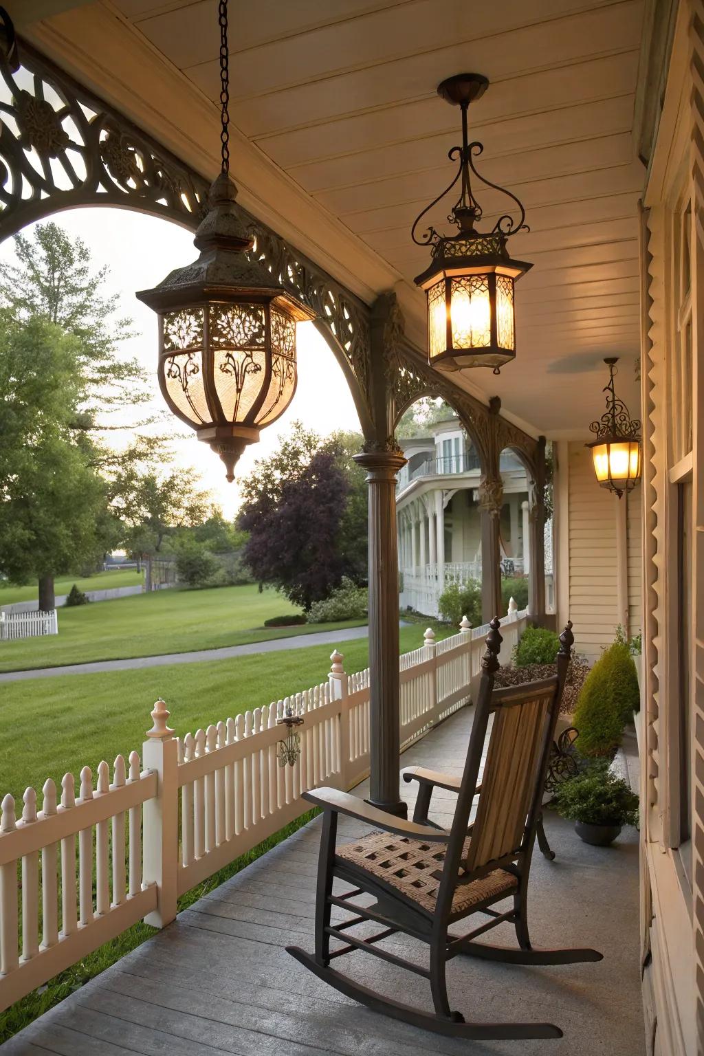 A front porch illuminated by elegant lantern-style lighting fixtures.