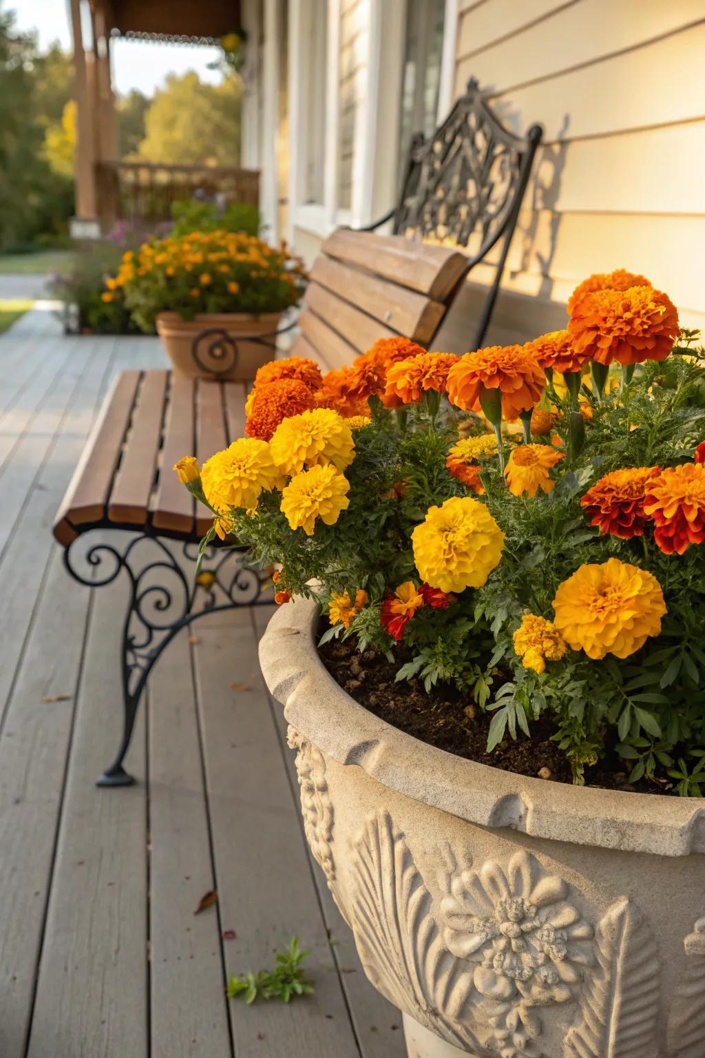Bright marigolds add a cheerful pop of color.
