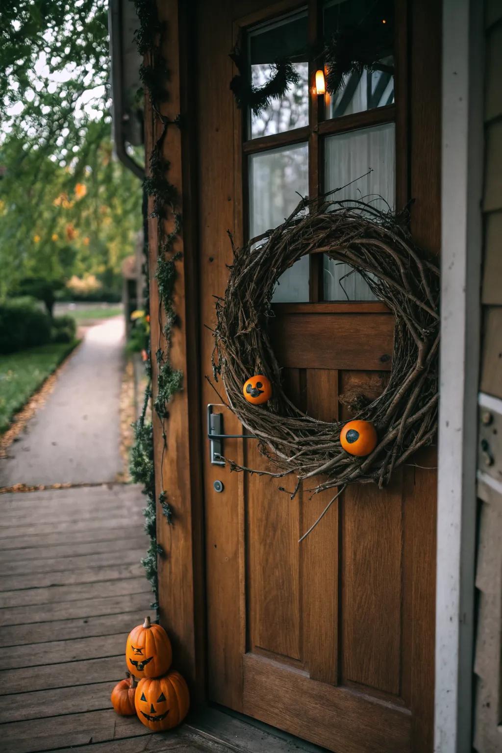A striking wreath offers a warm Halloween welcome to all visitors.