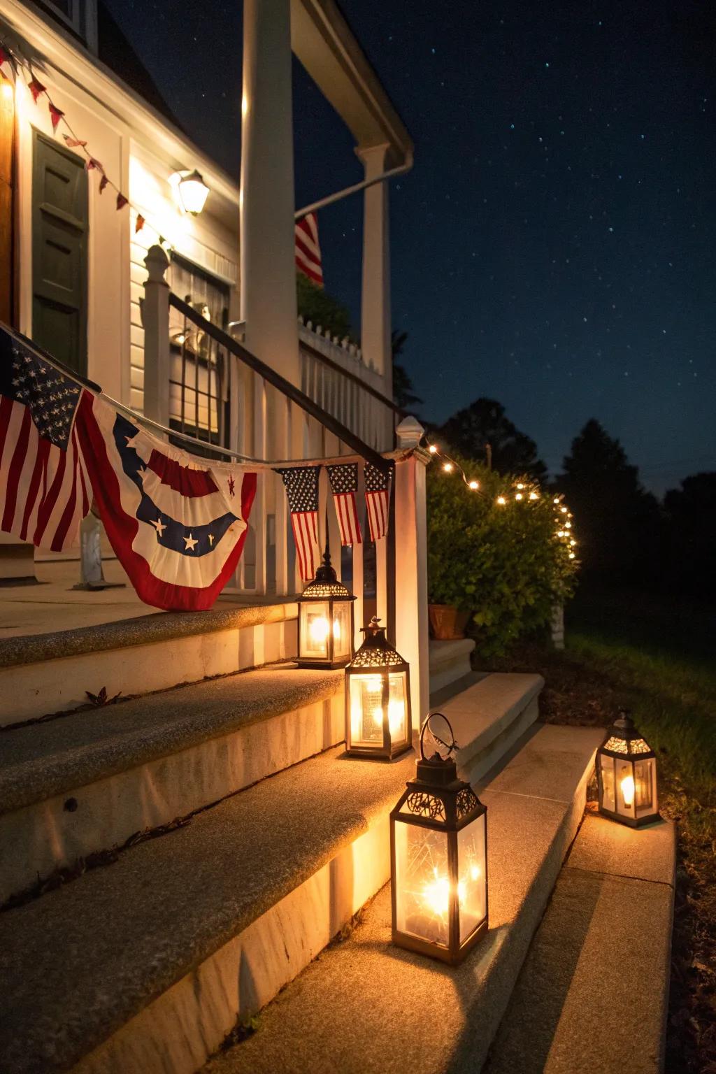 Lanterns illuminate the porch, highlighting the bunting.