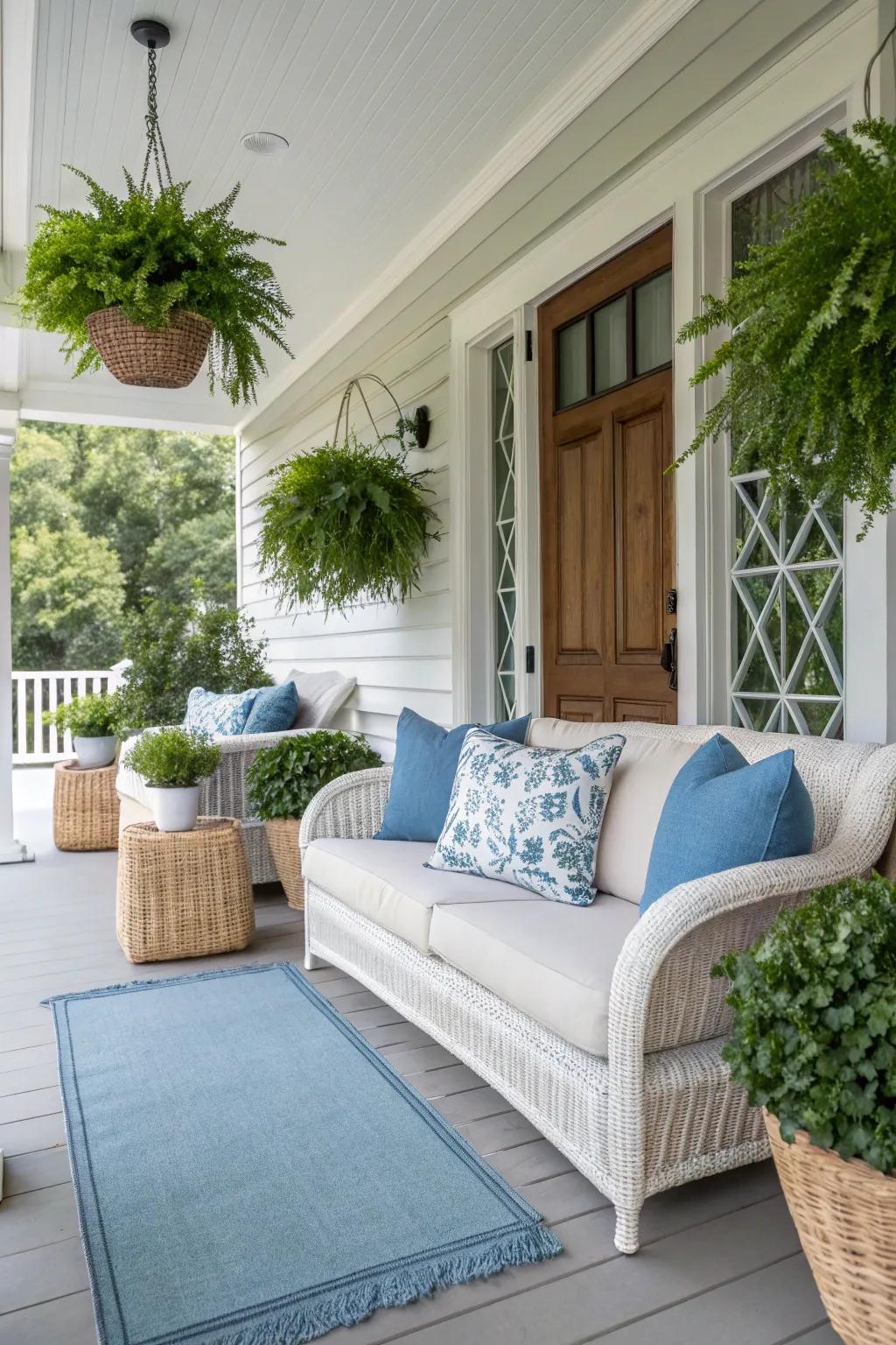 A neutral color palette creates a serene porch atmosphere.